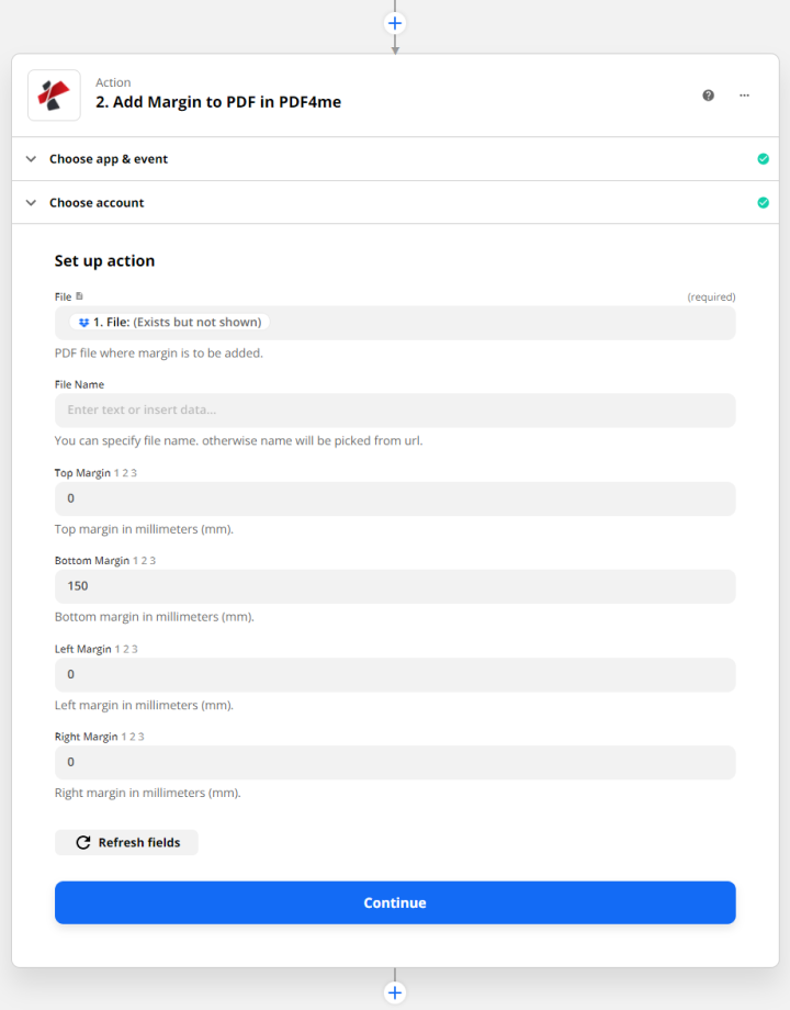 La acción "Agregar margen a PDF" de Zapier PDF4me muestra el archivo asignado en el paso anterior, el nombre del archivo (opcional) y los campos de entrada de margen superior, inferior, izquierdo y derecho en milímetros para personalizar los márgenes de la página PDF.